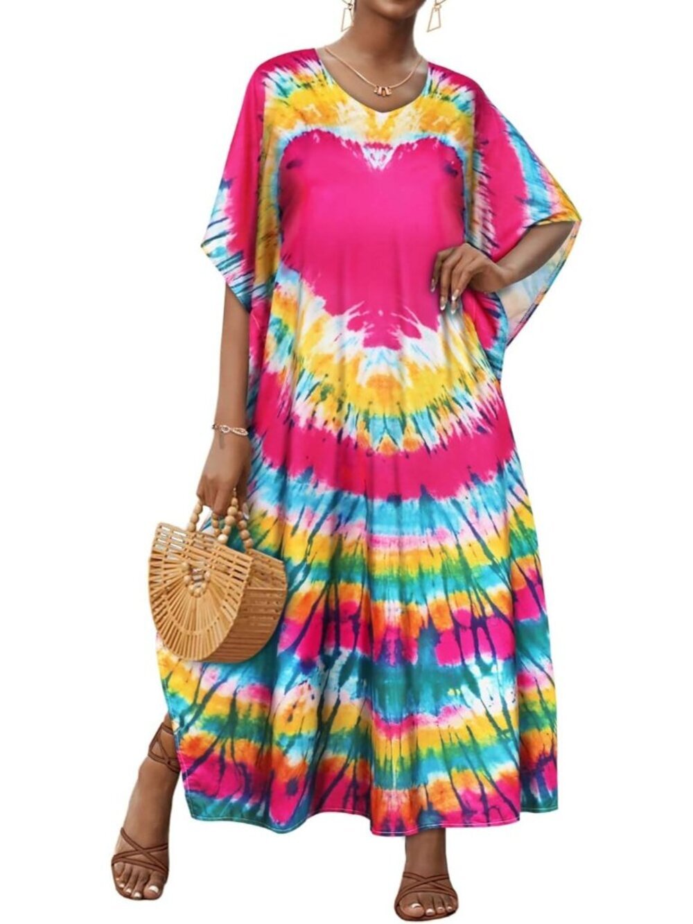 Women's Big Pink Heart Plus Size V Neck Caftan Long Batwing Sleeve Cover Up
